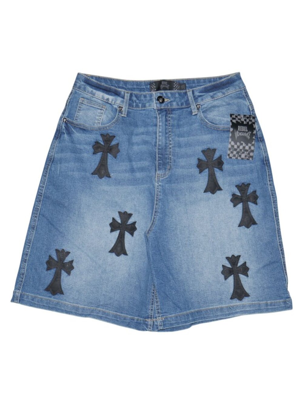 Rebel Vengeance Loose Fit Jorts Men's Chrome Heart Cross Denim Jean Shorts NWT